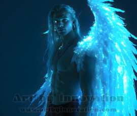 Stunning AI-generated male angel art — handsome heavenly warriors with enormous shimmering wings descending from the celestial realm. Heaven's Warriors Collection by Jeff Dupler.