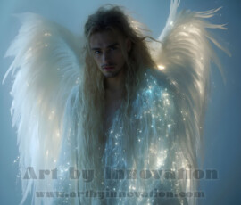 Stunning AI-generated male angel art — handsome heavenly warriors with enormous shimmering wings descending from the celestial realm. Heaven's Warriors Collection by Jeff Dupler.