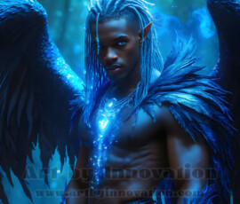 Stunning AI-generated male angel art — handsome heavenly warriors with enormous shimmering wings descending from the celestial realm. Heaven's Warriors Collection by Jeff Dupler.