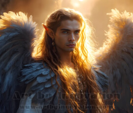 Stunning AI-generated male angel art — handsome heavenly warriors with enormous shimmering wings descending from the celestial realm. Heaven's Warriors Collection by Jeff Dupler.
