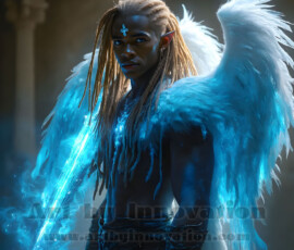 Stunning AI-generated male angel art — handsome heavenly warriors with enormous shimmering wings descending from the celestial realm. Heaven's Warriors Collection by Jeff Dupler.