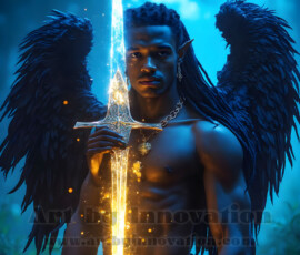 Stunning AI-generated male angel art — handsome heavenly warriors with enormous shimmering wings descending from the celestial realm. Heaven's Warriors Collection by Jeff Dupler.