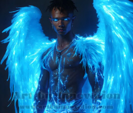 Stunning AI-generated male angel art — handsome heavenly warriors with enormous shimmering wings descending from the celestial realm. Heaven's Warriors Collection by Jeff Dupler.