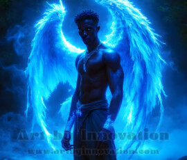 Stunning AI-generated male angel art — handsome heavenly warriors with enormous shimmering wings descending from the celestial realm. Heaven's Warriors Collection by Jeff Dupler.