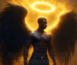 Stunning AI-generated male angel art — handsome heavenly warriors with enormous shimmering wings descending from the celestial realm. Heaven's Warriors Collection by Jeff Dupler.