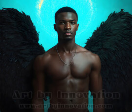 Stunning AI-generated male angel art — handsome heavenly warriors with enormous shimmering wings descending from the celestial realm. Heaven's Warriors Collection by Jeff Dupler.