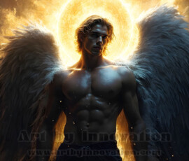Stunning AI-generated male angel art — handsome heavenly warriors with enormous shimmering wings descending from the celestial realm. Heaven's Warriors Collection by Jeff Dupler.
