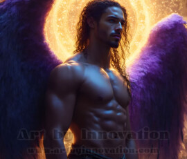 Stunning AI-generated male angel art — handsome heavenly warriors with enormous shimmering wings descending from the celestial realm. Heaven's Warriors Collection by Jeff Dupler.