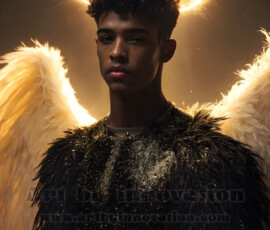 Stunning AI-generated male angel art — handsome heavenly warriors with enormous shimmering wings descending from the celestial realm. Heaven's Warriors Collection by Jeff Dupler.