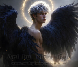 Stunning AI-generated male angel art — handsome heavenly warriors with enormous shimmering wings descending from the celestial realm. Heaven's Warriors Collection by Jeff Dupler.