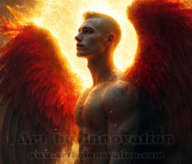 Stunning AI-generated male angel art — handsome heavenly warriors with enormous shimmering wings descending from the celestial realm. Heaven's Warriors Collection by Jeff Dupler.