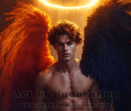 Stunning AI-generated male angel art — handsome heavenly warriors with enormous shimmering wings descending from the celestial realm. Heaven's Warriors Collection by Jeff Dupler.