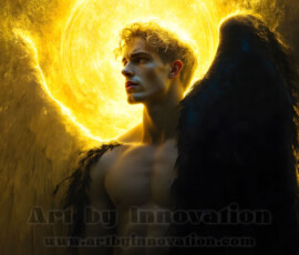 Stunning AI-generated male angel art — handsome heavenly warriors with enormous shimmering wings descending from the celestial realm. Heaven's Warriors Collection by Jeff Dupler.