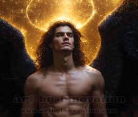 Stunning AI-generated male angel art — handsome heavenly warriors with enormous shimmering wings descending from the celestial realm. Heaven's Warriors Collection by Jeff Dupler.