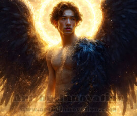 Stunning AI-generated male angel art — handsome heavenly warriors with enormous shimmering wings descending from the celestial realm. Heaven's Warriors Collection by Jeff Dupler.