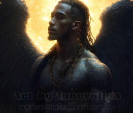 Stunning AI-generated male angel art — handsome heavenly warriors with enormous shimmering wings descending from the celestial realm. Heaven's Warriors Collection by Jeff Dupler.