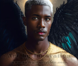 Stunning AI-generated male angel art — handsome heavenly warriors with enormous shimmering wings descending from the celestial realm. Heaven's Warriors Collection by Jeff Dupler.