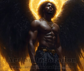 Stunning AI-generated male angel art — handsome heavenly warriors with enormous shimmering wings descending from the celestial realm. Heaven's Warriors Collection by Jeff Dupler.