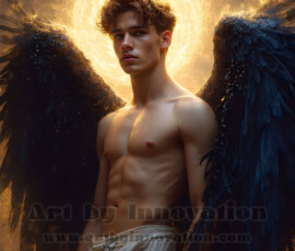Stunning AI-generated male angel art — handsome heavenly warriors with enormous shimmering wings descending from the celestial realm. Heaven's Warriors Collection by Jeff Dupler.