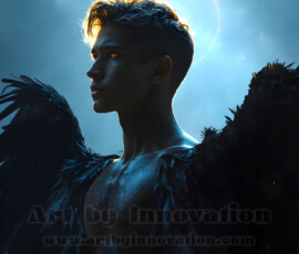 Stunning AI-generated male angel art — handsome heavenly warriors with enormous shimmering wings descending from the celestial realm. Heaven's Warriors Collection by Jeff Dupler.