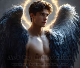 Stunning AI-generated male angel art — handsome heavenly warriors with enormous shimmering wings descending from the celestial realm. Heaven's Warriors Collection by Jeff Dupler.