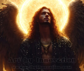 Stunning AI-generated male angel art — handsome heavenly warriors with enormous shimmering wings descending from the celestial realm. Heaven's Warriors Collection by Jeff Dupler.