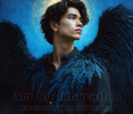 Stunning AI-generated male angel art — handsome heavenly warriors with enormous shimmering wings descending from the celestial realm. Heaven's Warriors Collection by Jeff Dupler.