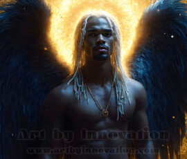 Stunning AI-generated male angel art — handsome heavenly warriors with enormous shimmering wings descending from the celestial realm. Heaven's Warriors Collection by Jeff Dupler.