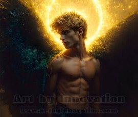 Stunning AI-generated male angel art — handsome heavenly warriors with enormous shimmering wings descending from the celestial realm. Heaven's Warriors Collection by Jeff Dupler.
