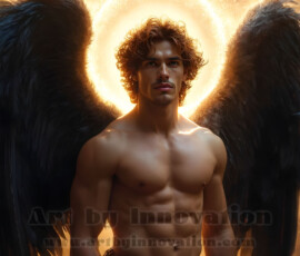Stunning AI-generated male angel art — handsome heavenly warriors with enormous shimmering wings descending from the celestial realm. Heaven's Warriors Collection by Jeff Dupler.