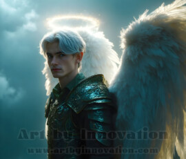 Stunning AI-generated male angel art — handsome heavenly warriors with enormous shimmering wings descending from the celestial realm. Heaven's Warriors Collection by Jeff Dupler.