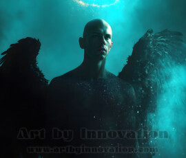 Stunning AI-generated male angel art — handsome heavenly warriors with enormous shimmering wings descending from the celestial realm. Heaven's Warriors Collection by Jeff Dupler.