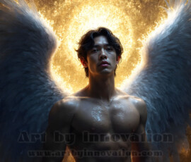 Stunning AI-generated male angel art — handsome heavenly warriors with enormous shimmering wings descending from the celestial realm. Heaven's Warriors Collection by Jeff Dupler.