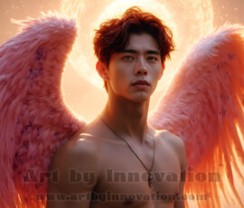 Stunning AI-generated male angel art — handsome heavenly warriors with enormous shimmering wings descending from the celestial realm. Heaven's Warriors Collection by Jeff Dupler.