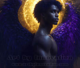 Stunning AI-generated male angel art — handsome heavenly warriors with enormous shimmering wings descending from the celestial realm. Heaven's Warriors Collection by Jeff Dupler.