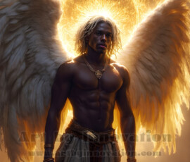 Stunning AI-generated male angel art — handsome heavenly warriors with enormous shimmering wings descending from the celestial realm. Heaven's Warriors Collection by Jeff Dupler.