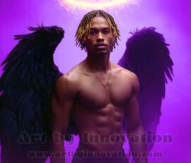 Stunning AI-generated male angel art — handsome heavenly warriors with enormous shimmering wings descending from the celestial realm. Heaven's Warriors Collection by Jeff Dupler.