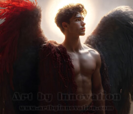 Stunning AI-generated male angel art — handsome heavenly warriors with enormous shimmering wings descending from the celestial realm. Heaven's Warriors Collection by Jeff Dupler.