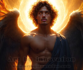Stunning AI-generated male angel art — handsome heavenly warriors with enormous shimmering wings descending from the celestial realm. Heaven's Warriors Collection by Jeff Dupler.