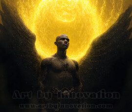 Stunning AI-generated male angel art — handsome heavenly warriors with enormous shimmering wings descending from the celestial realm. Heaven's Warriors Collection by Jeff Dupler.