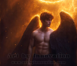 Stunning AI-generated male angel art — handsome heavenly warriors with enormous shimmering wings descending from the celestial realm. Heaven's Warriors Collection by Jeff Dupler.