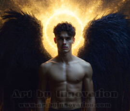 Stunning AI-generated male angel art — handsome heavenly warriors with enormous shimmering wings descending from the celestial realm. Heaven's Warriors Collection by Jeff Dupler.