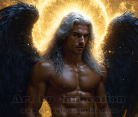 Stunning AI-generated male angel art — handsome heavenly warriors with enormous shimmering wings descending from the celestial realm. Heaven's Warriors Collection by Jeff Dupler.