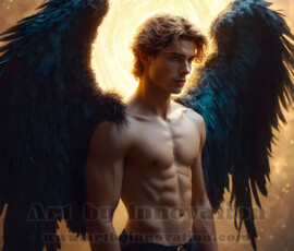 Stunning AI-generated male angel art — handsome heavenly warriors with enormous shimmering wings descending from the celestial realm. Heaven's Warriors Collection by Jeff Dupler.