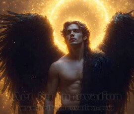 Stunning AI-generated male angel art — handsome heavenly warriors with enormous shimmering wings descending from the celestial realm. Heaven's Warriors Collection by Jeff Dupler.