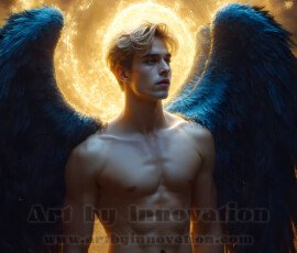 Stunning AI-generated male angel art — handsome heavenly warriors with enormous shimmering wings descending from the celestial realm. Heaven's Warriors Collection by Jeff Dupler.