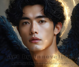 Stunning AI-generated male angel art — handsome heavenly warriors with enormous shimmering wings descending from the celestial realm. Heaven's Warriors Collection by Jeff Dupler.