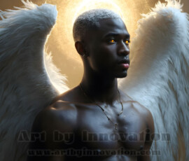 Stunning AI-generated male angel art — handsome heavenly warriors with enormous shimmering wings descending from the celestial realm. Heaven's Warriors Collection by Jeff Dupler.