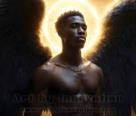 Stunning AI-generated male angel art — handsome heavenly warriors with enormous shimmering wings descending from the celestial realm. Heaven's Warriors Collection by Jeff Dupler.