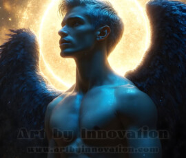 Stunning AI-generated male angel art — handsome heavenly warriors with enormous shimmering wings descending from the celestial realm. Heaven's Warriors Collection by Jeff Dupler.